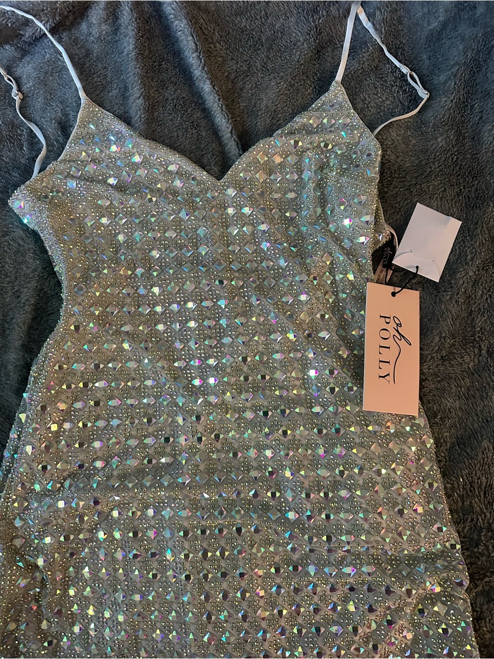 Oh Polly Silver Embellished V-Neck Mini Dress - Picture 2 of 3